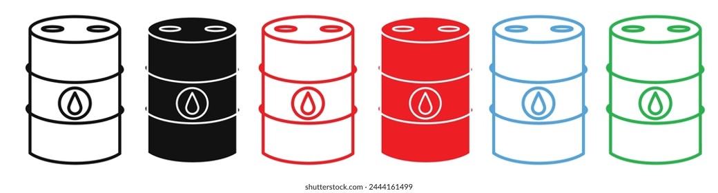 Iconos vectoriales de barriles de combustible para el almacenamiento de gasolina, diesel y petróleo crudo