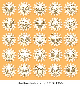 Vector icons of funny sun. Emoticons, smiley with expression on cartoon face. Isolated  illustration on yellow background.