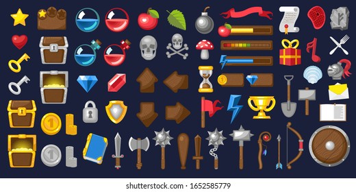 Iconos vectores para un juego sobre la Edad Media, fantasía, defensa en torre. Iconos para puzzles, juegos de rol y juegos de estrategia.