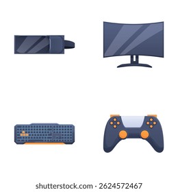 Ícones vetoriais de periféricos de jogos, incluindo monitor, teclado e controlador