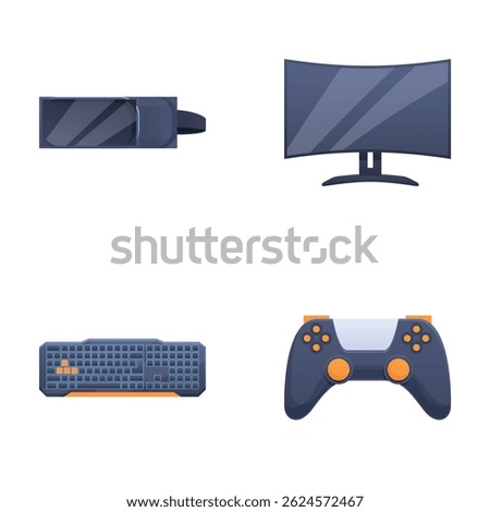 Vector icons of gaming peripherals including a monitor, keyboard, and controller