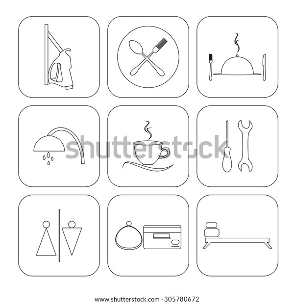 Vector icons of gas station. Symbols\
Roadside services. Outline gas station icon set.\
