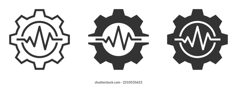 Iconos vectoriales de engranajes con líneas de latidos del corazón en contorno y estilos rellenos. Ideal para temas de tecnología, salud, ingeniería y mecánica.