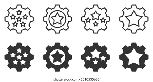 Vector icons of gears with stars in different patterns, available in outline and filled styles. Perfect for ratings, achievements, and settings.