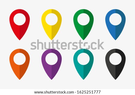 A vector icons of geolocation in eight colors, red, yellow, green, blue, orange, purple, cyan and black. Icons of destination poin. Map pin icon with shadow on white background.