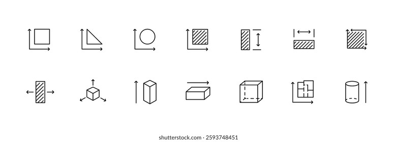 Vector icons of geometric shapes and dimensions.