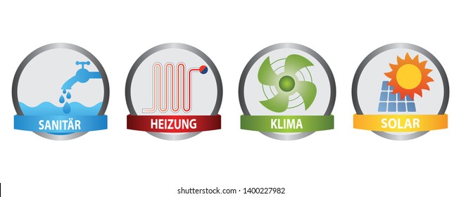 Vector Icons with German Description: Sanitary, Heating, Air Conditioning, Solar Power