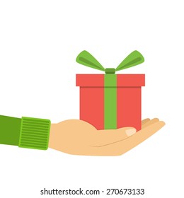 Vector icons gift box in the palm, a gift in hand