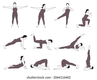 Iconos vectores de chicas haciendo ejercicios de yoga.  Contorno de mujer disfrazada aislada de fondo blanco. Un conjunto de siluetas de mujeres que estiran su cuerpo en diferentes poses de yoga.