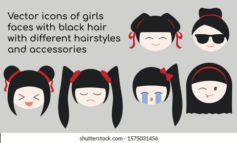 Vector icons of girls faces with black hair with different hairstyles and accessories