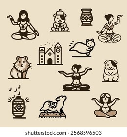 Vector icons, girls and guinea pigs doing yoga to oriental music, attributes of oriental culture