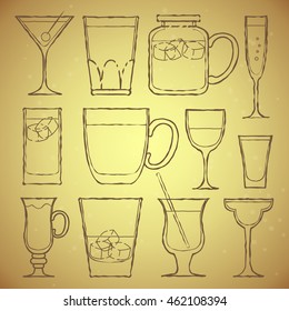 vector icons glasses gray. mug, shot glass, wine glass, ice