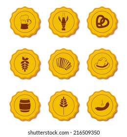 Vector icons of gold beer caps with symbols attributes Oktoberfest in retro style