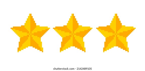 Vector icons of golden stars in pixel art style. Vector emblem of pixel stars for game rating.