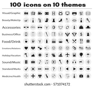 Vector icons for graphic, beauty, accessories, business, food, emotions, vacation, sound, medicine. Set.