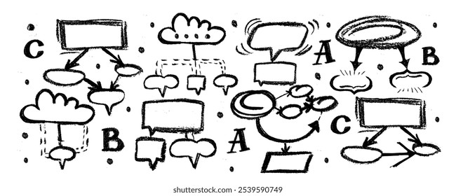 Vector icons  graphic circles and arrow set, hand drawn. Sketch arrow design for business plan and education. Set of arrows black icons. Circle arrows, rotate arrow, redo process symbol.