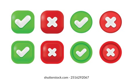 Vector Icons of Green Check Mark and Red Cross on Round and Square Backgrounds. True and False Approval Symbols