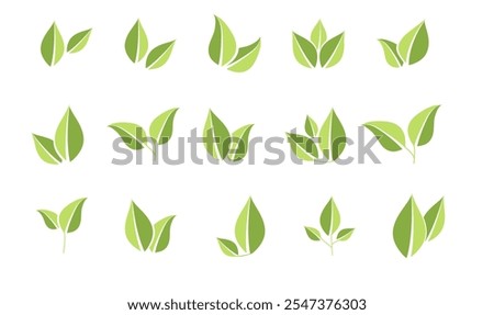 Vector icons of green leaves. Eco leaf logo. Simple linear leaves of trees and plants. Elements for eco-friendly and biological logo, vegan. A collection of leaves in two shades of green. Eco leaf ele