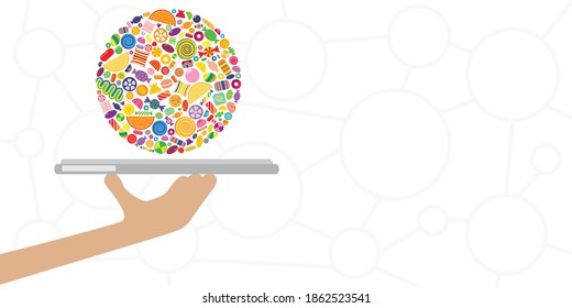 vector icons of hand serving colorful candies for candyshop or sweet bar banners
