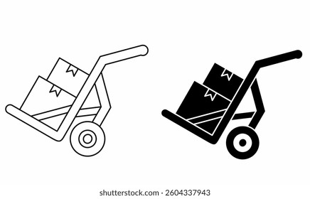 Vector icons of a hand truck with boxes in outline and solid styles. Ideal for delivery, shipping, logistics, transportation, and warehouse-related designs.