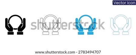 Vector icons of hands holding headphones on white background, symbolizing audio support and assistance