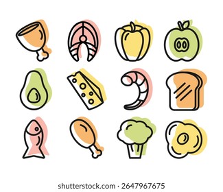 Vector icons of healthy food in linear style, colorful. Fish, meat, chicken, fruits and vegetables, for designing an app, menu, cooking blog, website.