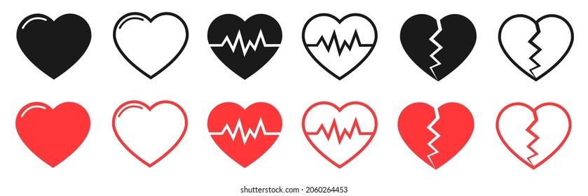 vector icons of heart, heartbreak or broken heart, cardio set flat icon for apps and websites