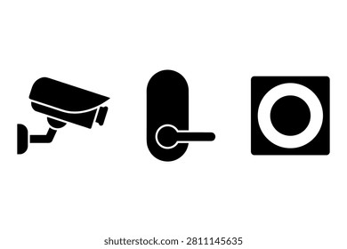 Vector icons for home security systems featuring cctv camera smart lock and modern doorbell button.