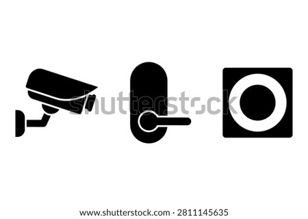 Vector icons for home security systems featuring cctv camera smart lock and modern doorbell button.