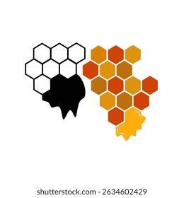 Vector icons of honeycomb with dripping honey. Includes color and black outline styles. Great for honey labels, packaging, or food branding.
