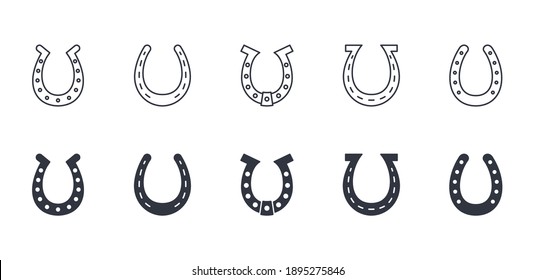 Vector icons horseshoe and symbol of luck. Editable stroke. Linear and silhouettes symbols. Stock illustration on white background