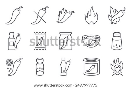 Vector icons hot chili peppers. Ketchup bottle, canned vegetables, sauce pan. Cayenne jalapeno habanero poblano pepper, whole and sliced. Editable stroke thin line set.