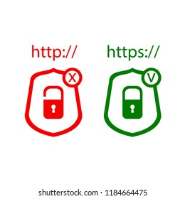 Vector Icons: http and https Protocols with Lock, Green and Red Icons, Check and Cross: Red and Green Colors.