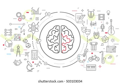 Vector icons of human brain activity. Concept for left and right hemisphere of human brain intellectual work, intelligence, productivity and creativity.