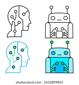Ícones vetoriais da cabeça humana com circuitos e robôs em contorno e cor, ideais para temas de IA, tecnologia e inovação