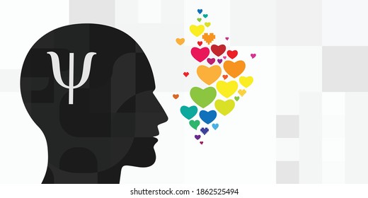 vector icons of human head and colorful hearts and psychology symbol for relationship healing