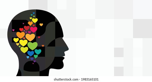 vector icons of human head and colorful hearts for open minded people in relationship