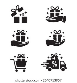  vector icons illustrate various aspects of gift-giving, discounts, and delivery services. The set includes an open gift box with a percentage symbol