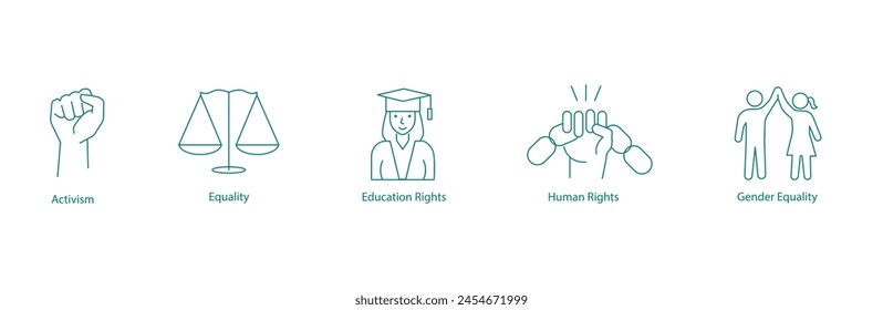 Vektorsymbole, die Aktivismus, Gleichberechtigung, Rechte der Bildung, Menschenrechte und Gleichstellungsbewegungen veranschaulichen