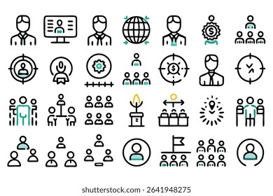 Vector icons illustrating business concepts strategy goals networking and teamwork in a minimalist style