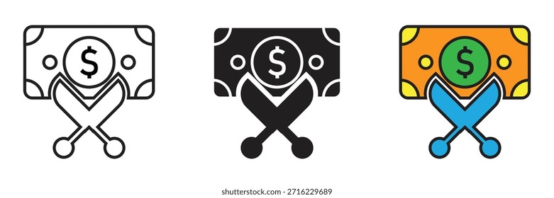 vector icons illustrating a pair of scissors cutting a dollar banknote. Ideal for representing budget cuts, cost reduction, financial savings, and economic crisis management.