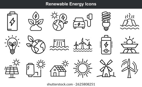 Vector icons illustrating renewable energy sources and sustainable power generation