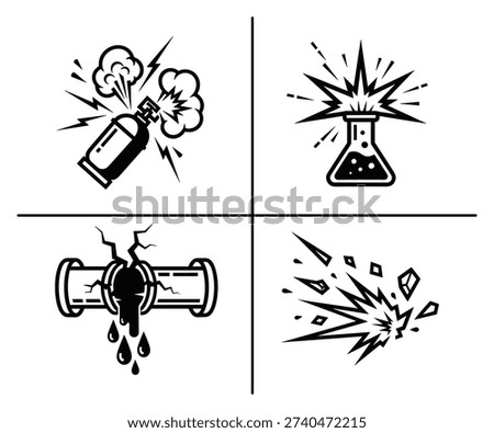 Vector icons illustrating various explosions and chemical hazards, including gas cylinder, flask, and pipe leak, for safety signs.