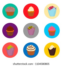 Vector icons illustration logo from set symbols for sweet cupcake. Cupcake pattern consisting of flat design with elements mobile web apps. Collection modern infographic pictogram about icon cupcakes.