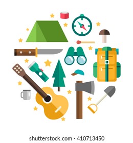 Vector Icons and Illustrations in Flat Design Style. Tourists Equipment and Objects