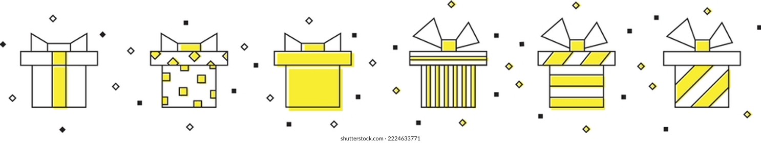 iconos vectoriales, ilustraciones de caja de regalo, presente, arte de línea, minimalismo, diseño simple, amarillo, negro