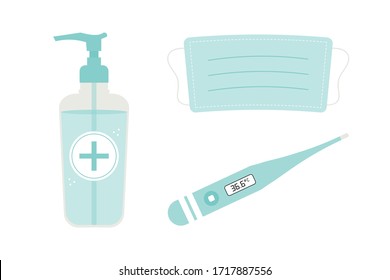 Vector icons, illustrations of medical face mask, sanitizer hand gel in bottle and thermometer. Coronavirus, covid-19 protection. 