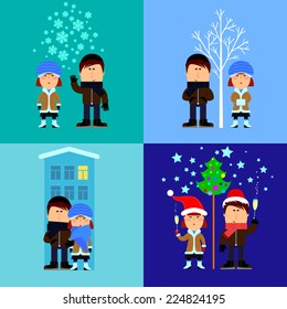 vector icons with the image of a couple - man and woman - in winter