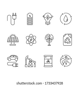 Vector icons. Image of different energies and care of the planet. Recycling, green world, reusable and biodegradable. Line icons