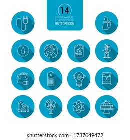 Iconos vectores. Imagen de diferentes energías y cuidado del planeta. Reciclaje, mundo verde, reutilizable y biodegradable. Iconos de línea de botón.